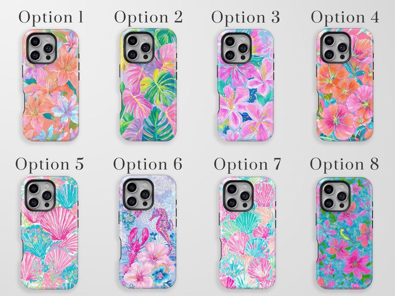 May include: Eight phone cases with colorful floral, seashell, and tropical designs. Options include pink, orange, and blue floral patterns, green and pink tropical leaves, and seashell and seahorse motifs. The text "Option" and a number are above each case.