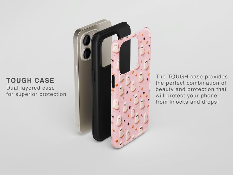 May include: A pink phone case with a pattern of white ghosts and orange stars. The case is made of a tough, durable material and provides protection from drops and knocks. The text "TOUGH CASE" is visible on the image.