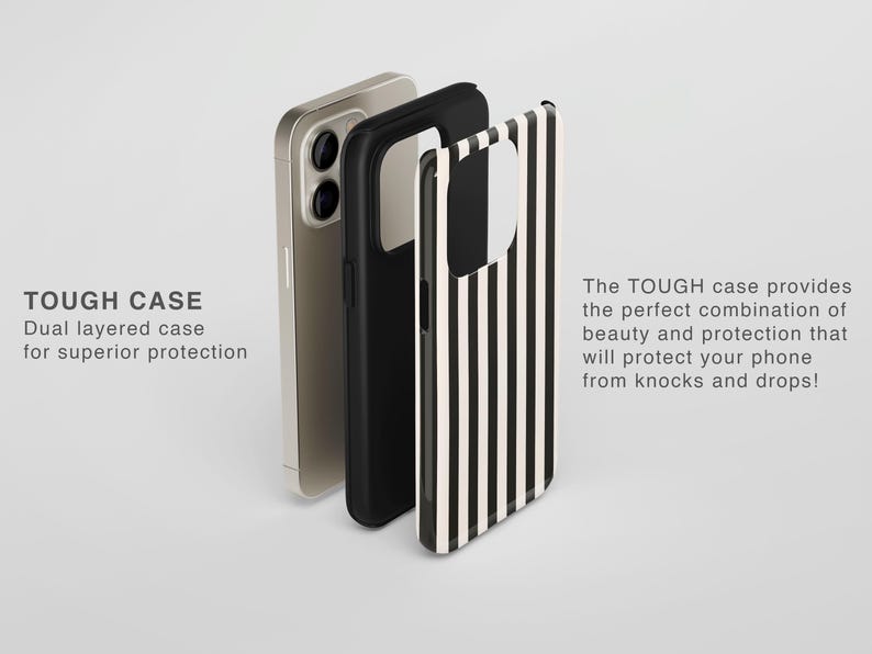 May include: A black and white striped phone case with a clear back and a black bumper. The case is designed to protect your phone from drops and knocks. The text "TOUGH CASE" is visible in the image.