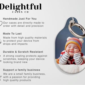 May include: A phone grip with a photo of a smiling baby wearing a striped hat and mittens. The grip has a silver ring and is attached to a blue and white oval-shaped case. The text "Delightful CASES CO" is at the top.