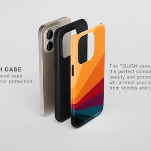 May include: A dual-layered phone case featuring a multi-colored geometric sunburst pattern in shades of orange, red, purple, and teal. The text TOUGH CASE Dual layered case for superior protection and The TOUGH case provides the perfect combination of beauty and protection that will protect your phone from knocks and drops! is visible.