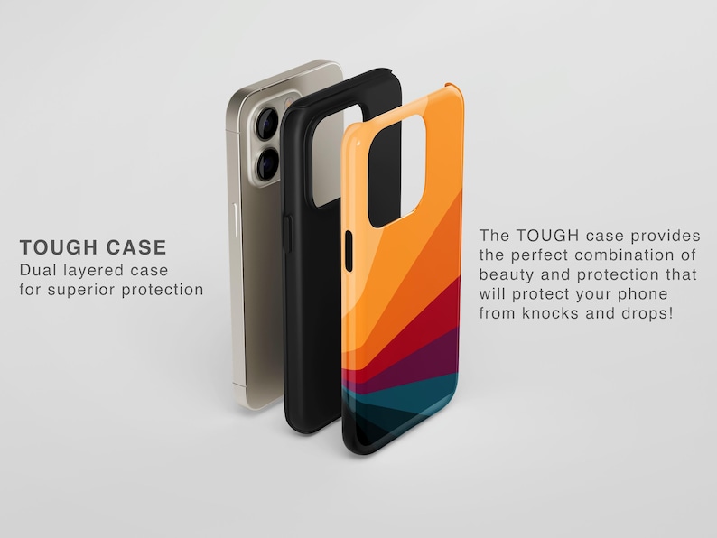 May include: A dual-layered phone case featuring a multi-colored geometric sunburst pattern in shades of orange, red, purple, and teal. The text TOUGH CASE Dual layered case for superior protection and The TOUGH case provides the perfect combination of beauty and protection that will protect your phone from knocks and drops! is visible.
