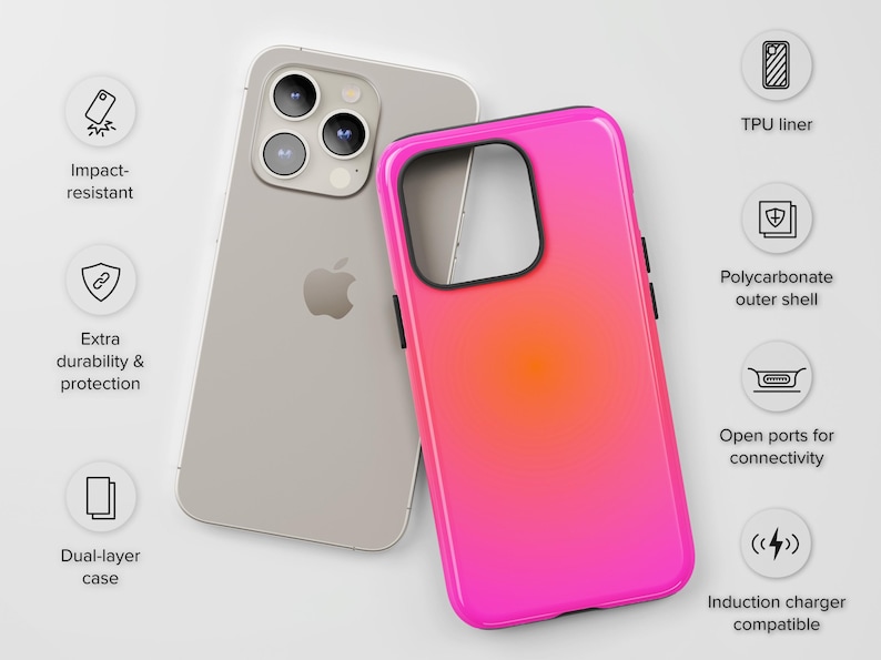 May include: A silver smartphone and a bright pink and orange gradient phone case. The case has a black border and is designed with a dual-layer case for extra durability and protection. It is impact-resistant and compatible with induction chargers.