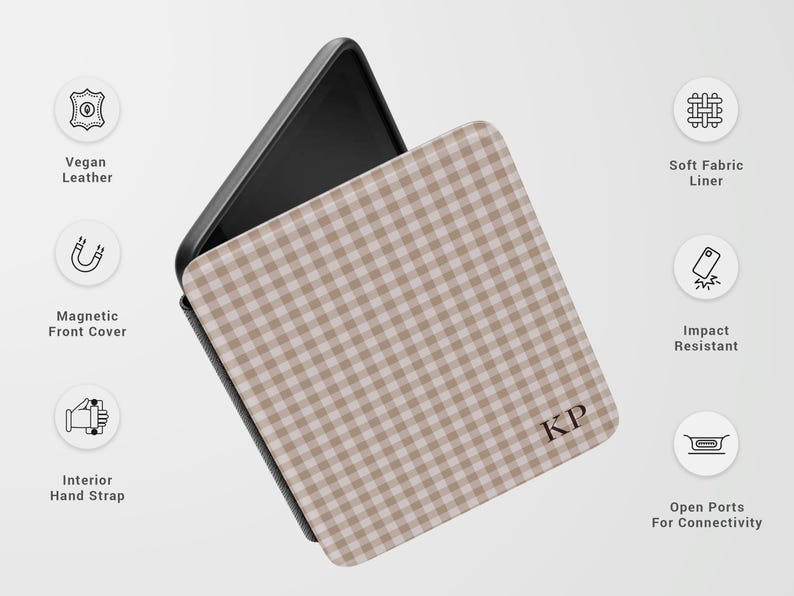 May include: A phone case with a tan and white gingham pattern. The case has a magnetic front cover, interior hand strap, and is impact resistant. The case is made of vegan leather and has a soft fabric liner. The initials "KP" are visible.