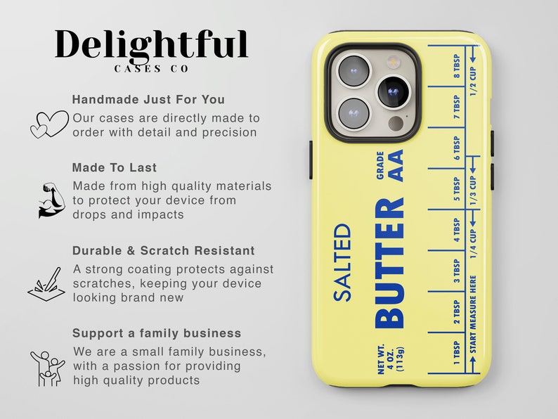 May include: A yellow iPhone case with a blue and white butter stick design. The case features the text "SALTED BUTTER AA" and a measurement guide for tablespoons and cups.