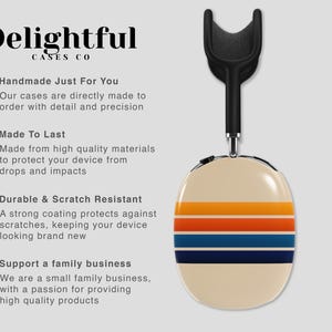 May include: Cream-colored case with horizontal stripes in orange, blue, and navy. The case is designed for headphones and has a black headband. The text "Delightful Cases Co" is at the top.