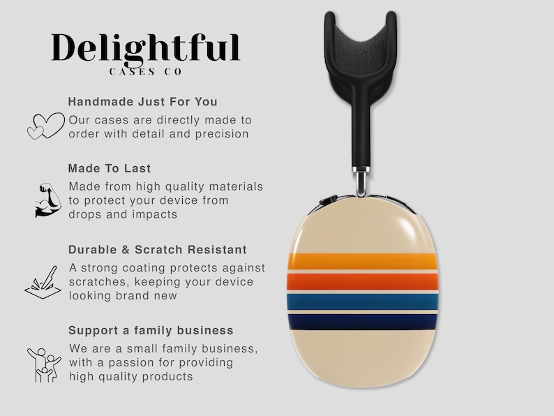 May include: Cream-colored case with horizontal stripes in orange, blue, and navy. The case is designed for headphones and has a black headband. The text "Delightful Cases Co" is at the top.