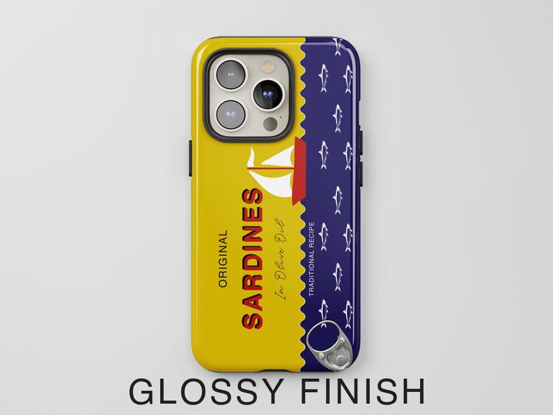 May include: A yellow and blue phone case with a design of a can of sardines. The can has the text "ORIGINAL SARDINES In Olive Oil TRADITIONAL RECIPE". The phone case has a glossy finish.