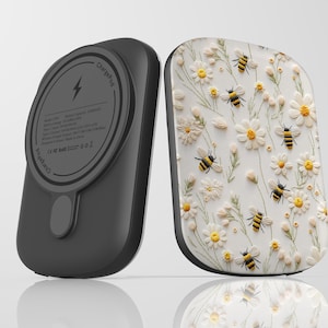 Floral Bee MagSafe Power Bank: Faux Embroidery Daisies, Bee Lover Gift, 5000 mAh Portable Charger