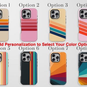 May include: Eight phone cases arranged in two rows, each featuring distinct geometric patterns and color palettes. The text 'Add Personalization to Select Your Color Option' is centered between the rows. Each case displays a unique combination of stripes, angles, and solid colors including beige, pink, orange, blue, red, black, and teal.