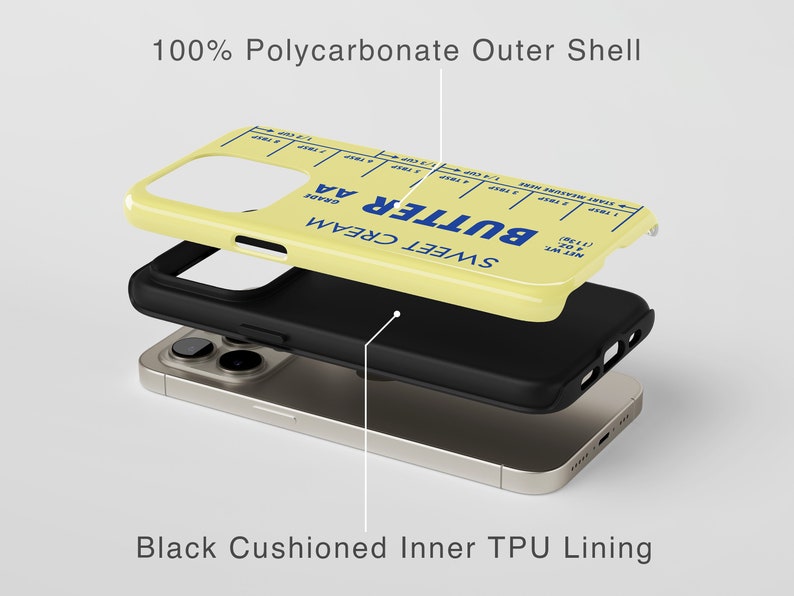 May include: A yellow phone case with a butter stick design. The case is made of polycarbonate and has a black TPU lining. The text on the case reads "SWEET CREAM BUTTER AA GRADE".