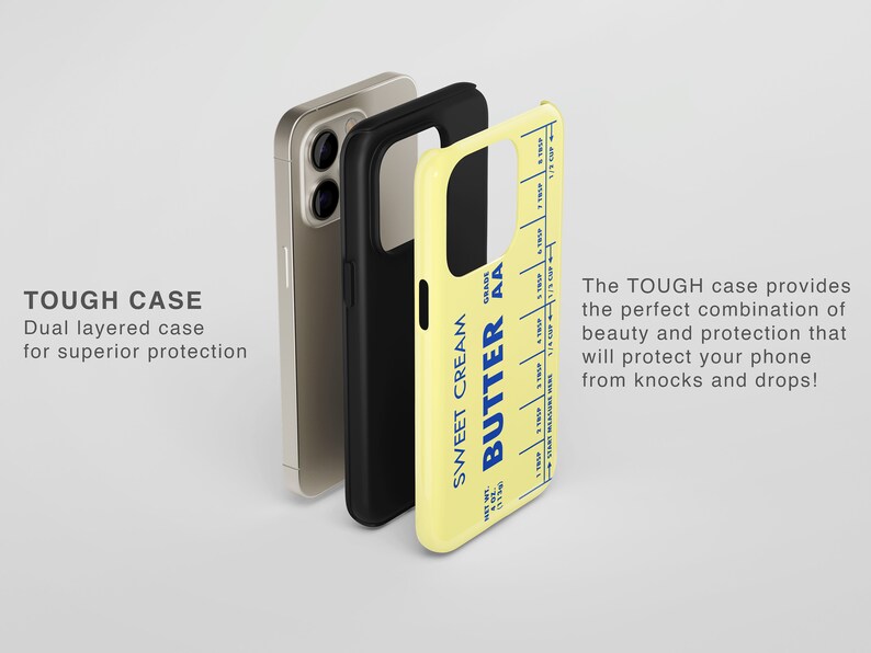 May include: A yellow phone case with a blue and white butter stick design. The case is labeled "Sweet Cream Butter AA". The case is shown with a black and gold phone case.