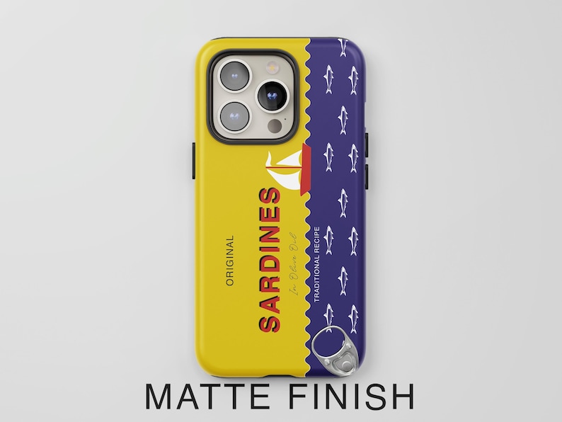 May include: A yellow and blue phone case with a design of a sardine can and the text "ORIGINAL SARDINES In Olive Oil TRADITIONAL RECIPE". The case has a matte finish.