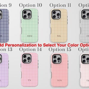 Puede incluir: Ocho fundas para smartphone con un patr&oacute;n de cuadros vichy en varios colores como azul marino, menta, beige, gris, lavanda, rosa, coral y rosa claro. Cada funda muestra un monograma de tres letras y el texto Add Personalization to Select Your Color Option.