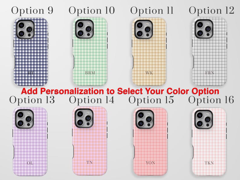 Puede incluir: Ocho fundas para smartphone con un patr&oacute;n de cuadros vichy en varios colores como azul marino, menta, beige, gris, lavanda, rosa, coral y rosa claro. Cada funda muestra un monograma de tres letras y el texto Add Personalization to Select Your Color Option.