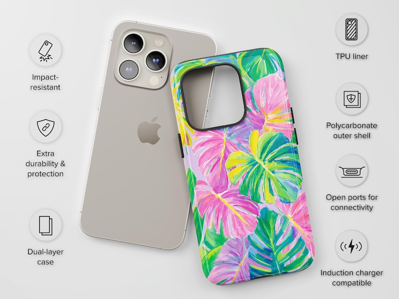 May include: A silver iPhone next to a colorful phone case. The case features a tropical leaf design in pink, green, and yellow. The case has a dual-layer design for extra durability and protection. It is impact-resistant and compatible with induction chargers.