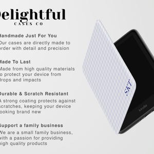 May include: A Kindle e-reader with a white patterned case, featuring the text "SKT". The case is partially open, revealing the screen. The image also includes text that says "Delightful Cases Co."