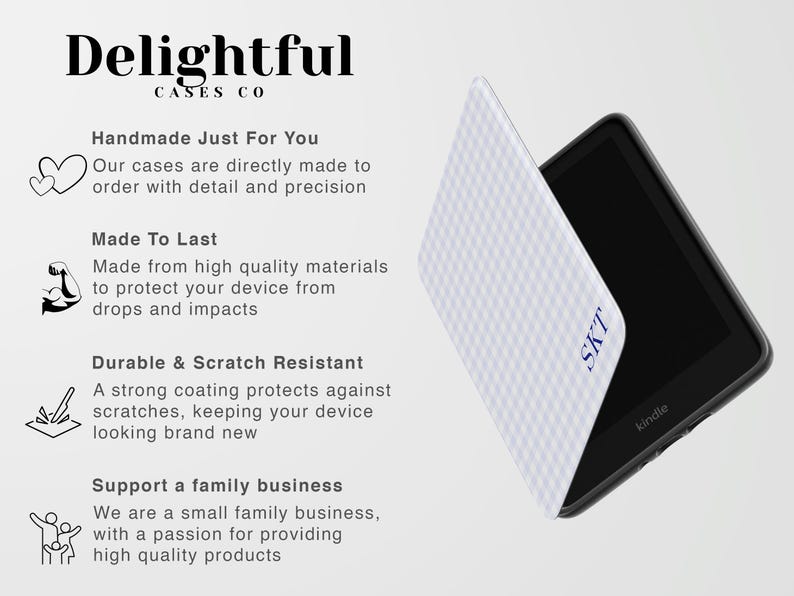 May include: A Kindle e-reader with a white patterned case, featuring the text "SKT". The case is partially open, revealing the screen. The image also includes text that says "Delightful Cases Co."