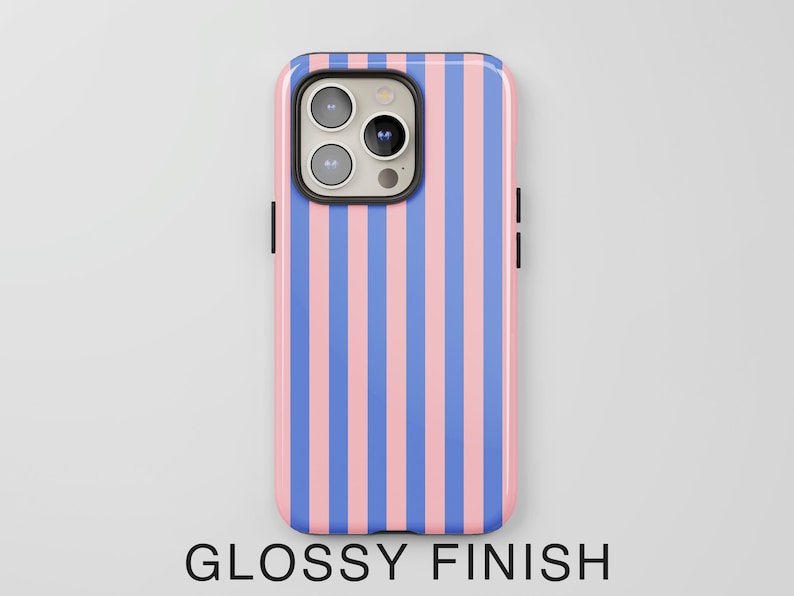 May include: A pink and blue striped phone case with a glossy finish.