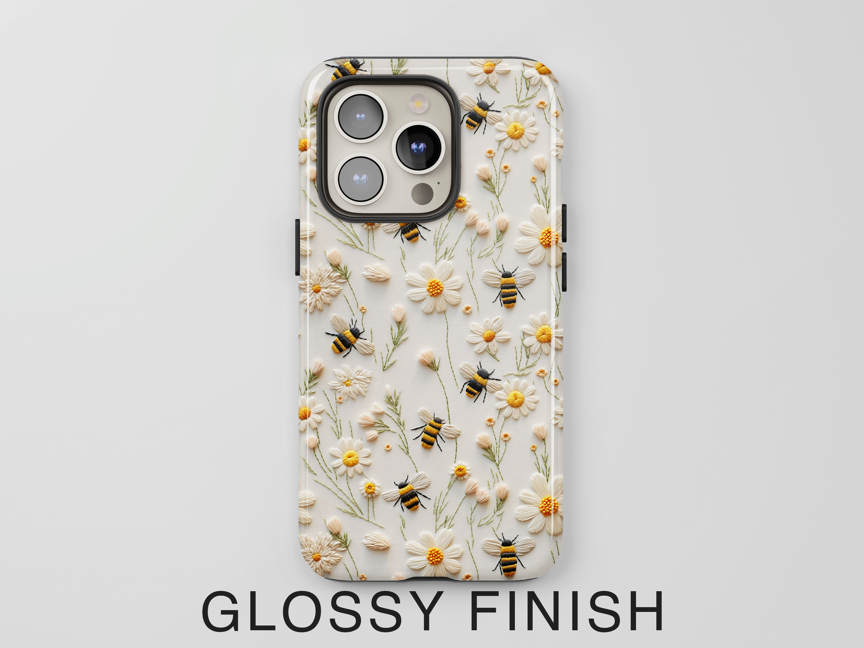 Spring Bee Phone Case | Faux Embroidery Cute Floral Bumble Bees Phone Cover For iPhone Pixel Samsung S24 | Bee Lover Gift | Daisies Flowers