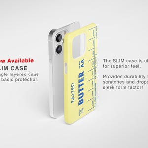 May include: A yellow phone case with a stick of butter design. The case is labeled "SALTED BUTTER AA" and has a measurement scale on the side. The case is designed to be slim and provide basic protection for a phone.