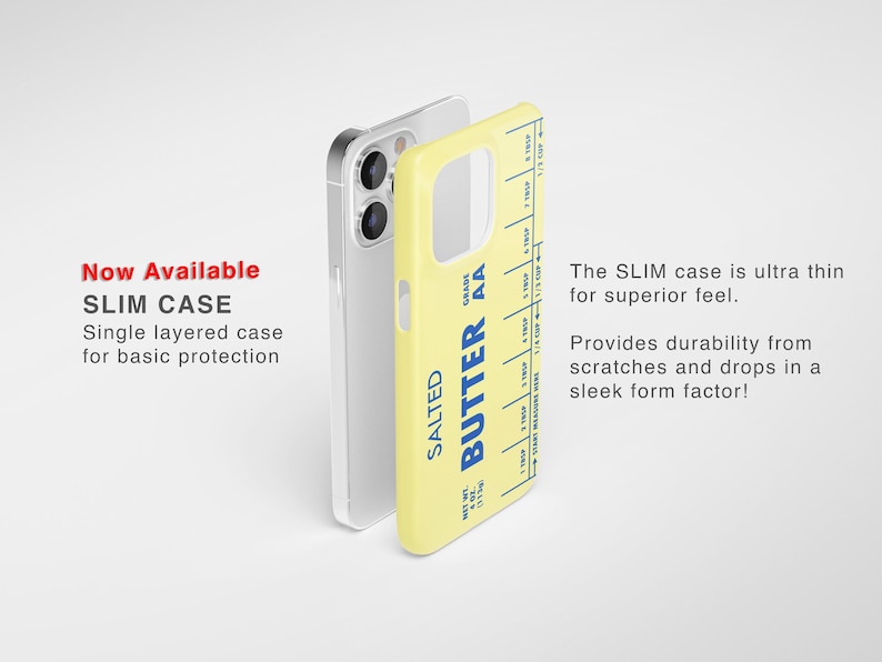 May include: A yellow phone case with a stick of butter design. The case is labeled "SALTED BUTTER AA" and has a measurement scale on the side. The case is designed to be slim and provide basic protection for a phone.