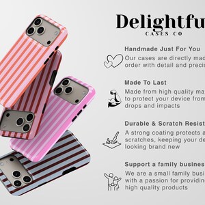May include: A collection of colorful phone cases with vertical stripe patterns in shades of pink, red, and blue. The cases are branded with the text "Delightful Cases Co."