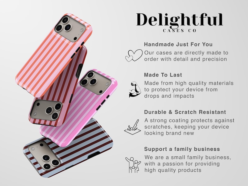 May include: A collection of colorful phone cases with vertical stripe patterns in shades of pink, red, and blue. The cases are branded with the text "Delightful Cases Co."