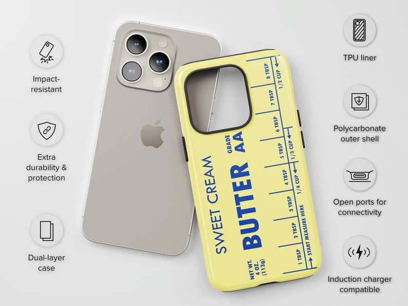 May include: A yellow phone case with a blue and white design that says "Sweet Cream Butter AA" and has a measurement guide for tablespoons and cups. The case is compatible with wireless charging.