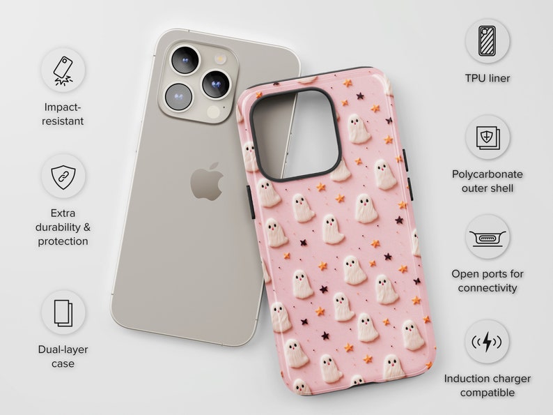 May include: A pink phone case featuring a pattern of white ghosts and gold stars. The case is made from a durable polycarbonate outer shell with a TPU liner. It has open ports for connectivity and is compatible with wireless charging.