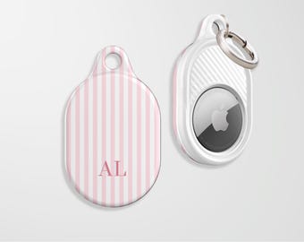 Pink Striped AirTag Case: Custom Monogram, Trendy Preppy Keyring