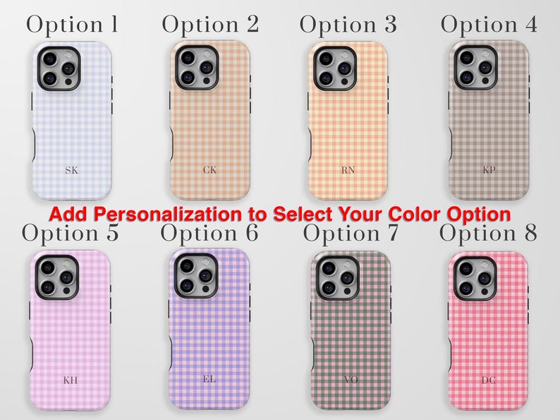 Puede incluir: Ocho fundas para smartphone dispuestas en dos filas, cada una con un patr&oacute;n de cuadros vichy &uacute;nico en varios colores pastel y vivos. Cada funda incluye un monograma personalizado de dos letras y el texto Add Personalization to Select Your Color Option.