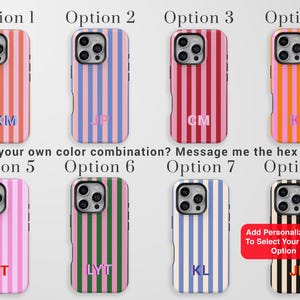 May include: Eight smartphone cases with vertical stripes in various color combinations, including pink, orange, blue, red, green, and black. Each case features a two-letter or three-letter monogram in the center. Text includes Option 1 through 8.