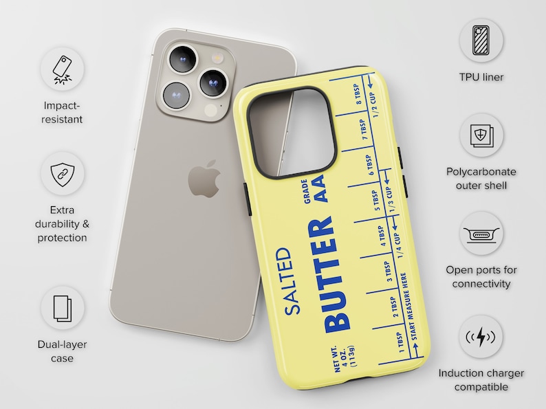 May include: A yellow phone case with a blue and white design that says "SALTED BUTTER AA" and has a measurement guide for tablespoons and cups. The case is compatible with wireless charging.