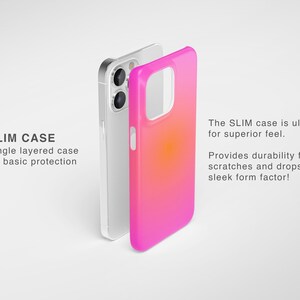 May include: A slim phone case in a gradient pink and orange color, next to a silver phone. The case is single-layered for basic protection. The text on the image says "SLIM CASE" and "Provides durability from scratches and drops in a sleek form factor!"