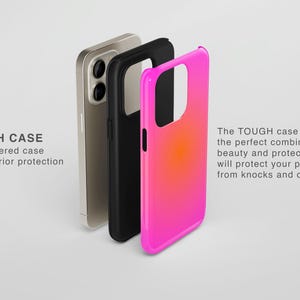 May include: Three phone cases in a row, each with a different color. The first is a light gold color, the second is black, and the third is a gradient of pink and orange. The text "TOUGH CASE" is visible.