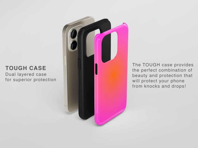 May include: Three phone cases in a row, each with a different color. The first is a light gold color, the second is black, and the third is a gradient of pink and orange. The text "TOUGH CASE" is visible.