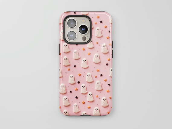 Cute Ghosts Phone Case, Spooky Faux 3D Embroidery, Whimsical Pink Halloween iPhone MagSafe, Pixel 8 Pro Samsung S24 Ultra, Fun Gift Idea