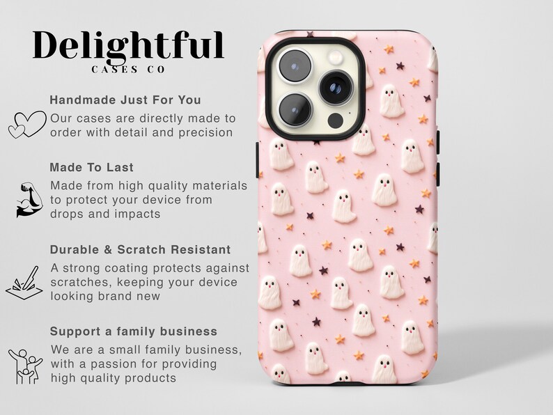 May include: A pink phone case featuring a pattern of white ghosts and gold stars. The case is designed for a phone with a triple lens camera.