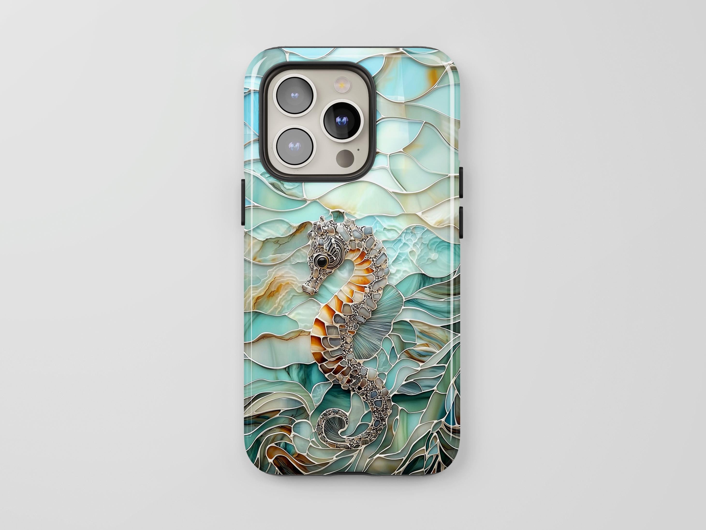 Seahorse Phone Case, Ocean Stained Glass Art Design, Aqua and Coral Aesthetic, Underwater Gift, iPhone 16 15 14 Pro Max, Pixel, Samsung S24