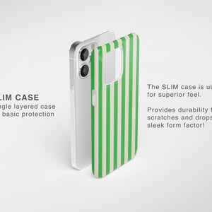 May include: A green and white striped phone case with a clear back. The case is designed to protect your phone from scratches and drops. The text "SLIM CASE" is printed on the case.