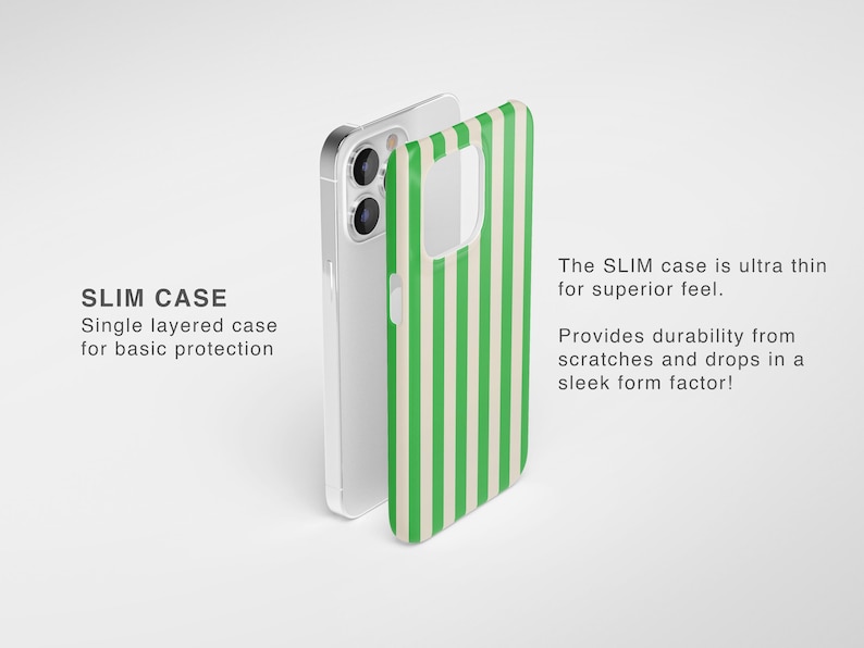 May include: A green and white striped phone case with a clear back. The case is designed to protect your phone from scratches and drops. The text "SLIM CASE" is printed on the case.