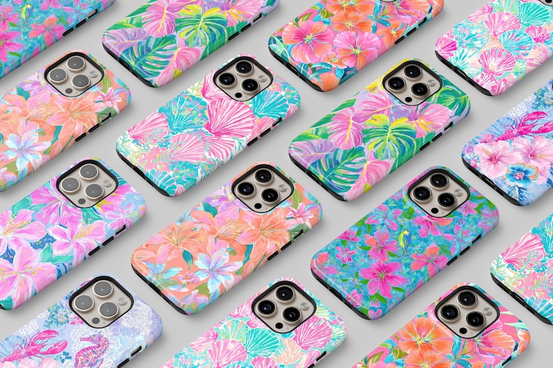 May include: A collection of colorful phone cases with vibrant floral and tropical leaf patterns. Designs include pink, orange, and blue flowers, as well as green leaves and seashell motifs. The cases have a black border.
