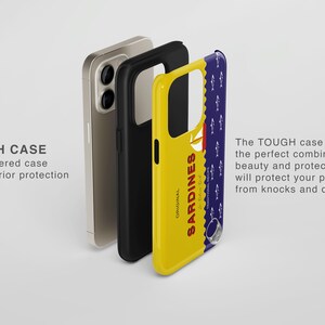 May include: A yellow phone case with a blue and white design featuring the text "ORIGINAL SARDINES". The case is made of a durable, two-layer material for added protection.