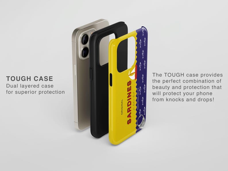 May include: A yellow phone case with a blue and white design featuring the text "ORIGINAL SARDINES". The case is made of a durable, two-layer material for added protection.