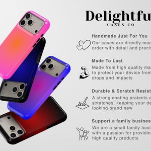 May include: A collection of colorful phone cases with a gradient design, including pink, blue, and red. The cases are stacked and angled, showcasing the product's design and the brand name "Delightful Cases Co."