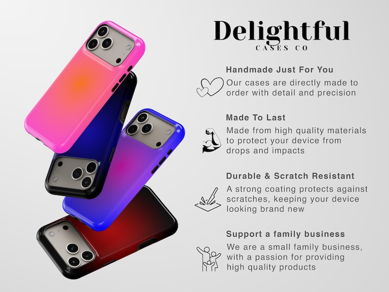 May include: A collection of colorful phone cases with a gradient design, including pink, blue, and red. The cases are stacked and angled, showcasing the product's design and the brand name "Delightful Cases Co."