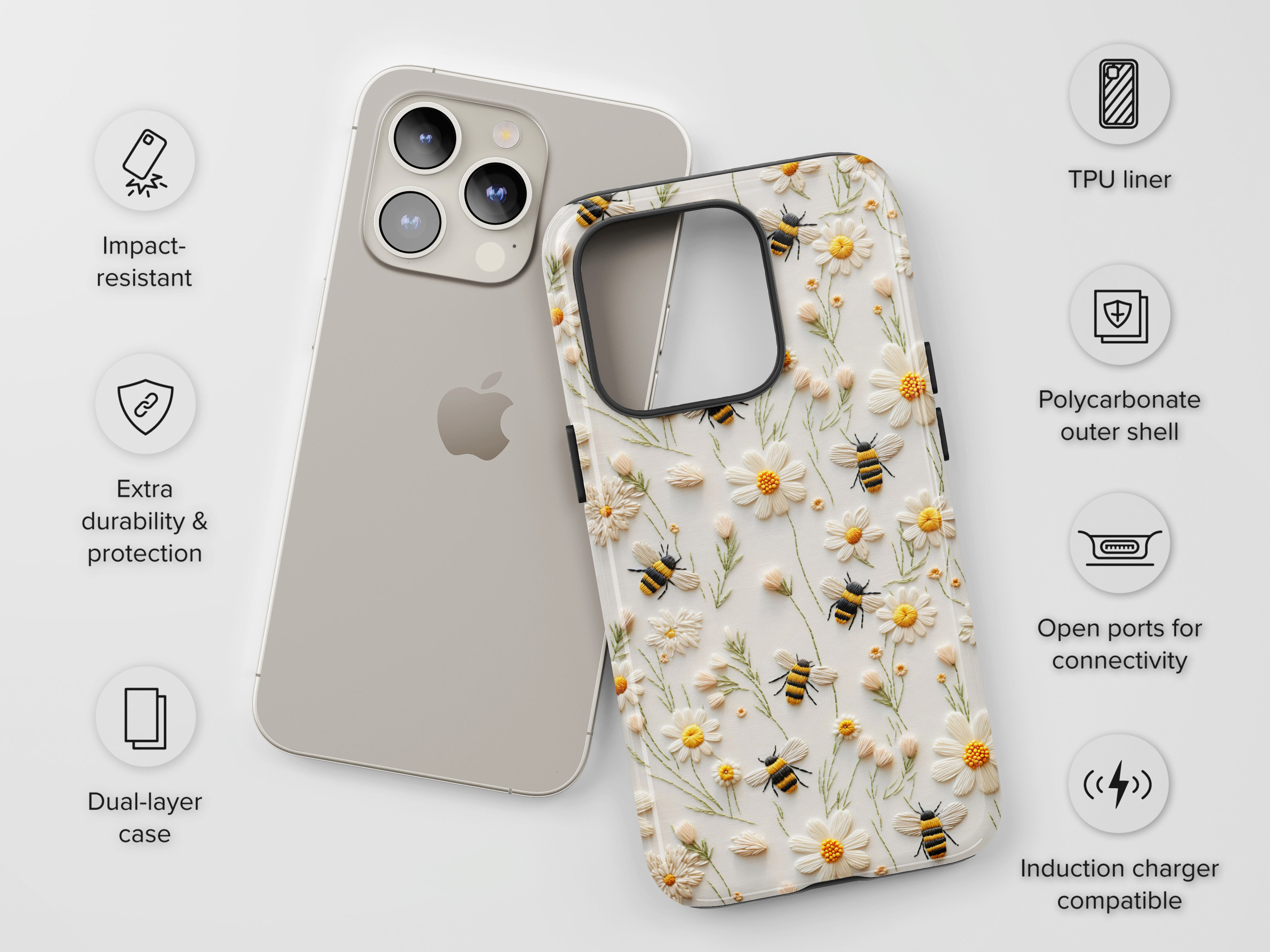 Spring Bee Phone Case | Faux Embroidery Cute Floral Bumble Bees Phone Cover For iPhone Pixel Samsung S24 | Bee Lover Gift | Daisies Flowers
