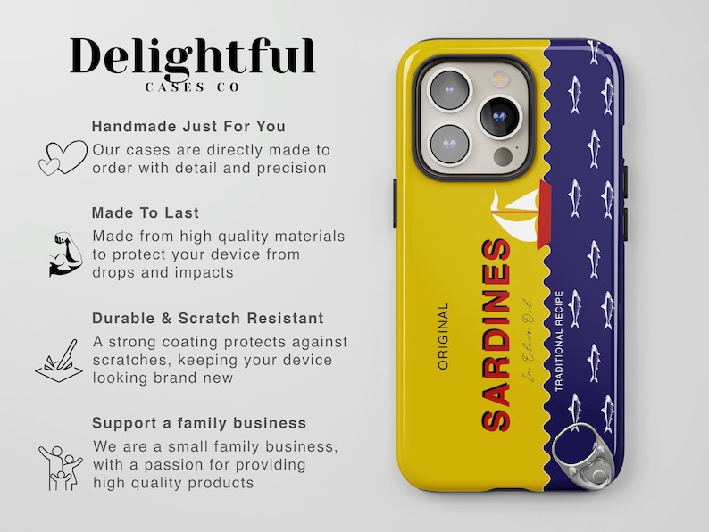 May include: A yellow phone case with a blue and white sardine can design. The can says "ORIGINAL SARDINES In Olive Oil TRADITIONAL RECIPE".