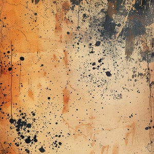 May include: Abstract artwork with a distressed, aged appearance. The background is a warm tan, with black paint splatters and drips. The piece has a grunge aesthetic, with visible cracks and imperfections, creating a textured effect.